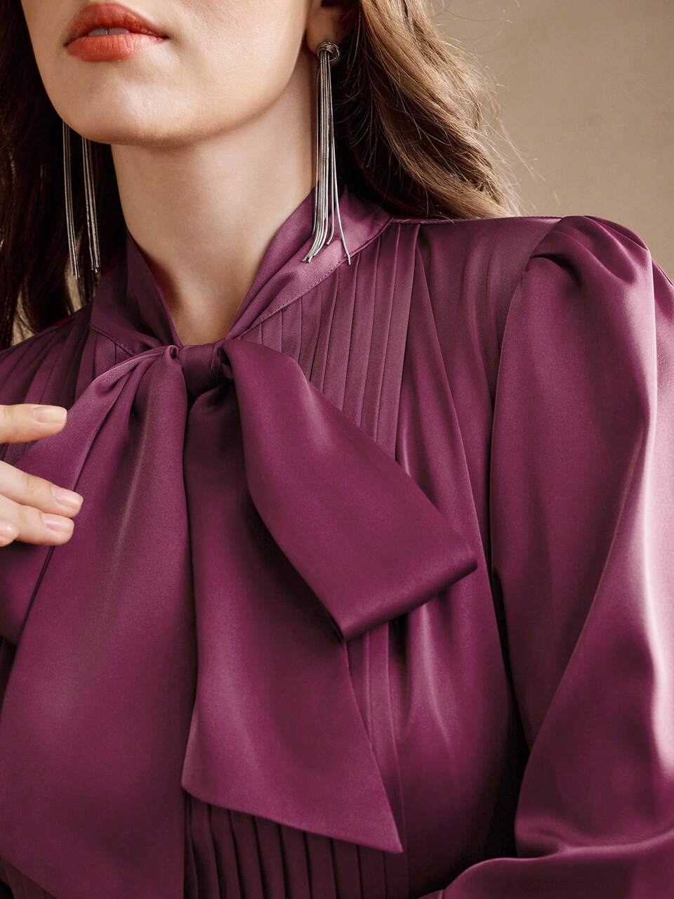 Anewsta Plus Size Women Purple Long Sleeve Bowknot Pleated Elegant Dress