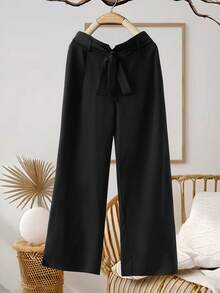 GlowEve CURVE Plus Size Women Casual Elegant Commuter Front Bowknot Pants - Black - View 1