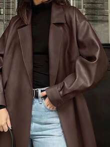 INAWLY 全新复古时尚宽松百搭女式咖啡棕色中长款皮夹克 - 咖啡棕 - 查看 4