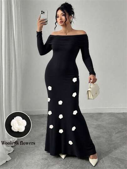 SHEIN Elenzya Plus Size Women's Casual Dress,Black And White,Autumn,Elegant,Formal,Soft Comfortable Chinese Style Long Dress For Party,Gathering,Resort
