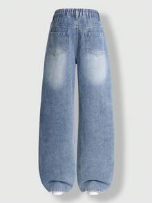 Explorewe SHEIN KIDS Tween Girls Jeans,  Gifts For 11 Year Old Girls,New Arrival For Fall/Winter 2025, American Vintage Fashion Star Embroidery Design, Children's Relaxed Fit Straight Leg Loose Jeans, Suitable For Outings, School, Commute, Parties, Christmas Celebrations And Home Wear Star Jeans Jeans With Design Embroidery Jeans Baggy Star Jeans Tween Jean Pants Star Embroidered Jeans - Blue - View 2