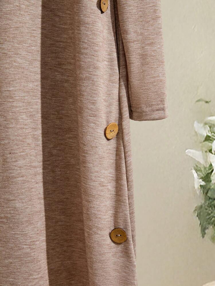 Women's Solid Color Round Neck Long Sleeve Button Design Casual Pocket Short Dress, Autumn