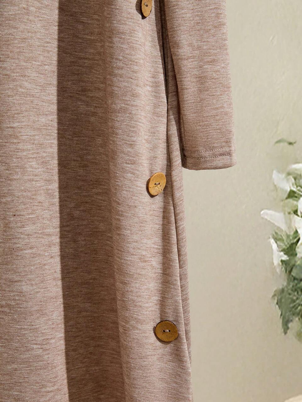 Women's Solid Color Round Neck Long Sleeve Button Design Casual Pocket Short Dress, Autumn