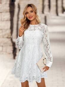 EMERY ROSE Women's Solid Color Round Neck Raglan Sleeve Ruffle Lace Elegant Short Dress,White Dresses For Women Spring Outfit Women,Valentine Outfits For Women - White - View 5