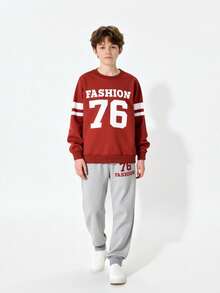 SHEIN Explorewe Bộ 6 món đồ thể thao thường ngày phong cách đường phố dễ thương cho bé trai, áo nỉ in chữ số 76 và quần dài, trang phục phù hợp mặc hàng ngày, đi học, hoạt động ngoài trời, thể thao, mùa xuân và thu, 8-12 tuổi - Nhiều màu - Xem 1