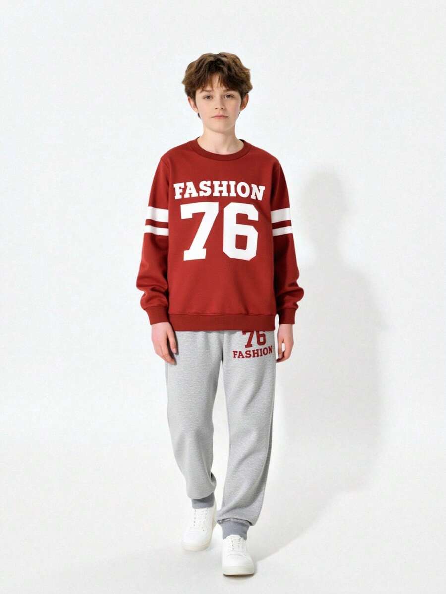 SHEIN Explorewe Bộ 6 món đồ thể thao thường ngày phong cách đường phố dễ thương cho bé trai, áo nỉ in chữ số 76 và quần dài, trang phục phù hợp mặc hàng ngày, đi học, hoạt động ngoài trời, thể thao, mùa xuân và thu, 8-12 tuổi - Nhiều màu - Xem 1