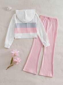 SHEIN Explorewe 青少年女孩撞色长袖连帽休闲条纹宽松罗纹两件套 - 粉色 - 查看 2