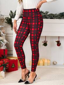 SHEIN Clasi 新款女士秋冬格子修身裤，经典红色格子图案，百搭圣诞红裤，适合秋季、冬季、圣诞节和新年等各种场合，是女士假日百搭派对的理想之选。秋冬女士红色裤子，适合派对、新年、圣诞节等各种场合。秋冬女士圣诞红色格子弹力打底裤，适合圣诞节等各种场合。新款女士秋冬新年圣诞节 - 彩色 - 查看 5