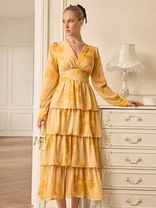 Chiquease Đầm xòe xếp tầng cổ chữ V tay dài bằng vải voan họa tiết cọ thanh lịch/In ngẫu nhiên - Màu vàng - Xem 4