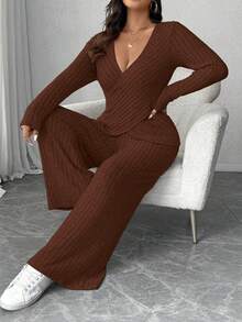 Elenzga 加大码柔软针织罗纹面料交叉长袖T恤+柔软罗纹阔腿裤休闲家居服两件套 - 咖啡棕 - 查看 3