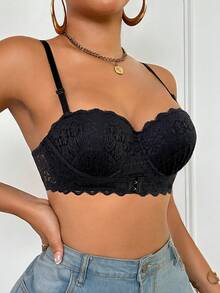 1pc Lace Padded Underwire Bra For Women - Black - View 7