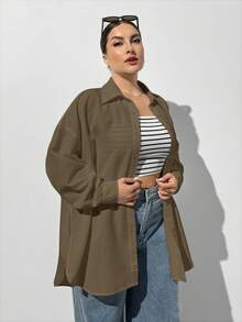 SHEIN Essnce Khaki Plus Size Women's Autumn Long-Sleeved Button-Down Shirt,Smart Casual Everyday Loose Oversize Tops,Old Money Style Work Blouses,High Side Slit - Coffee Brown - View 4