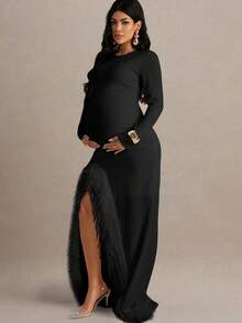 MaterniChic Pregnant Women's Elegant Patchwork Fuzzy Trim Long Sleeve Split Dress, Autumn - Black - View 8