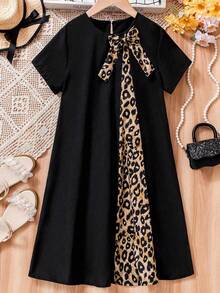 SHEIN Tween Girls Casual Minimalist Round Neck Short Sleeve Bow & Leopard Print Patchwork Long Comfortable Dress - Black - View 6