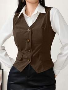 Modelyn Rompi Kasual Wanita Warna Polos Leher V Kancing Tunggal, Musim Gugur - Mocha Brown - View 1