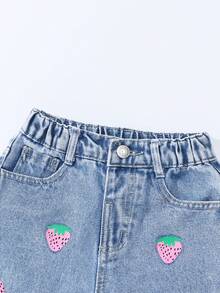 Young Girl Light Wash Blue Strawberry Print Wide Leg Jeans, Comfortable Sweet Casual Vacation School Style Recommended! - Light Wash - View 4