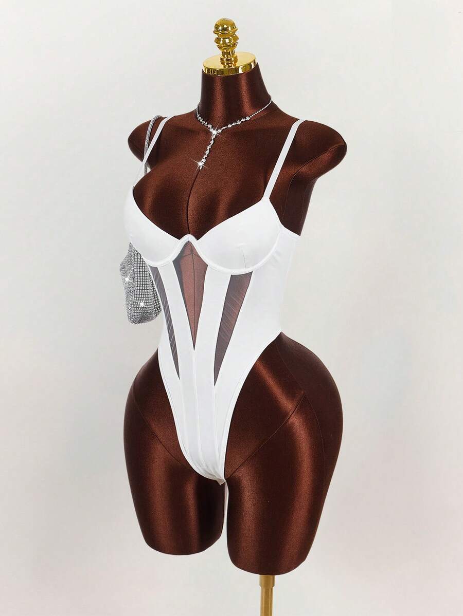 Y2K Amplova Women's Solid Color Minimalist Casual Bodysuit, Autumn/Winter Thanksgiving And New Year Party Dress - White - View 1