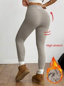 Coolane Damen Herbst/Winter Streetwear Lässig Minimalistisch Basic Alltagskleidung Rippenstruktur Strick Dehnbar Bequem Beige Fleece Leggings/Strumpfhosen - Aprikosenfarben - Übersicht 7