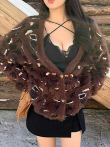 DAZY Women's V-Neck Cardigan, Fuzzy Fashion Animal Print Leopard Pattern All-Over Print, Color Blocking, Suitable For Autumn & Winter - Chocolate Brown - View 11