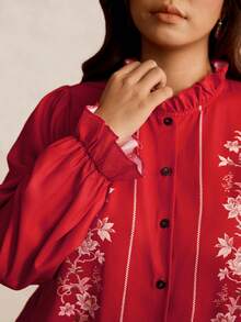 EMERY ROSE 大尺碼女款秋冬休閒度假仿刺繡印花紅色長袖鈕扣亞麻襯衫 - 紅色 - 查看 4