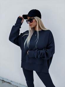 INAWLY 大码女式纯色圆领长袖运动衫和裤子休闲两件套，秋季 - 藏蓝色 - 查看 6