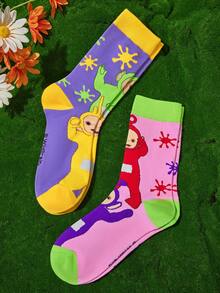 Teletubbies X SHEIN 2Pairs Soft & Breathable Moisture-Wicking Casual Women Mid-Calf Socks With Cute Cartoon Pattern Fashionable Pink & Purple Crew Socks Reinforced Toe & Heel For Durability All Season All-Match Summer Winter