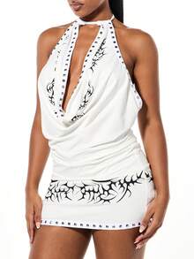 SUMWON WOMEN 印花围脖领挂脖迷你连衣裙，带铆钉细节，适合节日派对俱乐部穿着 - 白色 - 查看 4