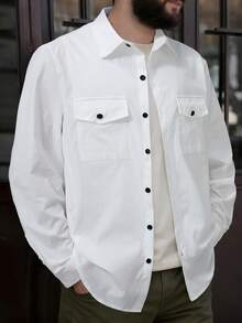 Manfinity Homme Men's Fashionable Casual Textured Fabric Long Sleeve Shirt Men S Button Up Shirt Men S Shirts White Men Shirt White Button Up Men Men White Button Up Shirt Long Sleeve Men Shirt Men White Casual Shirts Men Casual Shirts Casual Shirt With Two Pockets Long Sleeve For Men Old Money Daily Leisure, Weekend Trips, Outdoor Activities, Travel Expeditions, Relaxed Work Environments Or Semi-Formal Occasions,Boyfriend/Husband Gift, Anniversary Gift Christmas Outfits - White - View 4