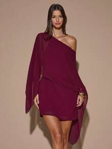 SHEIN BAE فستان قصير أكمام طويلة غير متماثل الكتف باللون البرغندي مع ربطة خلفية، أنيق لحفلات الكوكتيل والمناسبات الرومانسية والتجمعات والمناسبات الرسمية وفساتين الإيجار وخروجات الليل وعيد الهالوين وعيد الميلاد