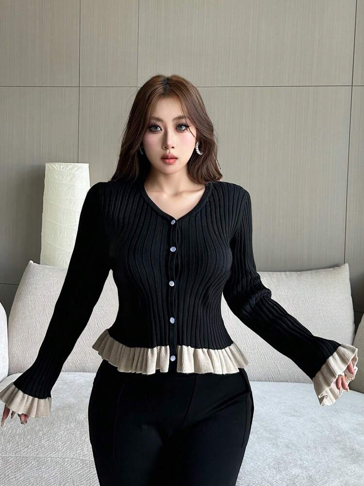 Contrast Color Patchwork V-Neck Tight Sleeve Frill Trim Elegant Plus Size Women Cardigan Sweater, Autumn/Winter