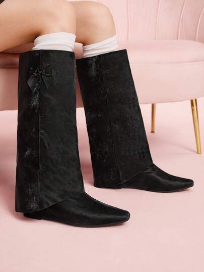 CUCCOO DOLLMOD Women's Fashion Bow Decor Pointed Toe Mid-Calf Boots