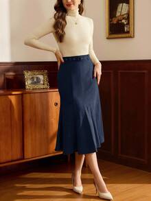 Vintamour 复古经典优雅女裙秋冬合身腰带鱼尾下摆铅笔裙咖啡色长裙 - 藏蓝色 - 查看 7