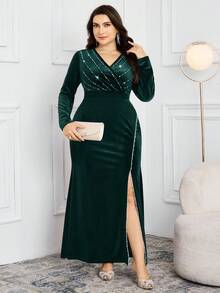 Modelyn Plus Size Women's Elegant Party Rhinestone V-Neck High Slit Maxi Dress - Dark Green - View 4