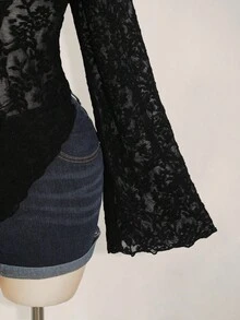 SHEIN ICON 加大码女式生菜边不对称下摆透明喇叭袖单排扣性感衬衫（不含胸罩） - 黑色 - 查看 7