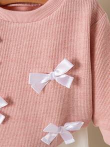 SHEIN Vintaside Kids 2 件套女婴休闲百搭舒适可爱针织面料蝴蝶结装饰圆领宽松套头衫和修身裤子套装，适合室内和室外，性价比高 - 彩色 - 查看 5