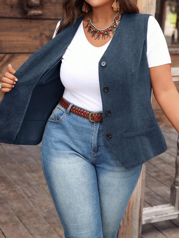 EMERY ROSE Chaqueta de pana informal de un solo pecho de unicolor para mujer de talla grande - Azul - Añade 7