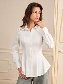 Lilora Women's Casual Elegant Solid Color Waist Shirt Winter Clothes For Women Clothes For New Year Fitted Waist Long-Sleeved Commuter Shirt - White - View 9