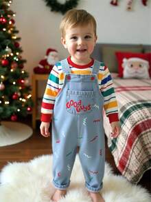 2pcs Baby Boys Cute Striped Contrast Color Drop Shoulder Autumn Hoodie & Embroidered Length Thermal Lined Overalls Set, Thick Warm For Winter - Multicolor - View 8