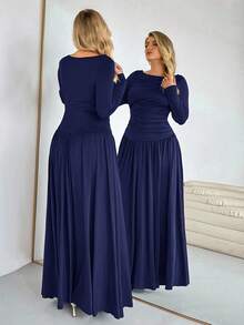 Auralis 大码长裙，秋季连衣裙，长袖连衣裙，高弹舒适连衣裙秋季女装秋季优雅女士连衣裙女士秋季连衣裙端庄端庄连衣裙 - 藏蓝色 - 查看 2