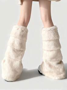 ROMWE Kawaii 1双可爱毛绒小鹿图案腿套，Y2K风格毛绒球加厚超大腿套，时尚修身，适合日常、秋冬季、节日和派对穿着 - 米白色 - 查看 3