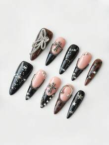 ROMWE Anime 10pcs Cute Bowknot Music Note Star Element High Quality Handmade False Nails + 3pcs Double-Sided Adhesive, Y2K French Style Rhinestone Chain Polka Dot Removable Nail Art Stickers, Suitable For Holidays, Parties, Dancing And Daily Wear