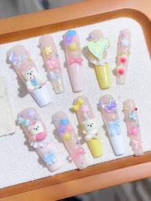 ROMWE Anime 10 piezas de pegatinas de arte de uñas con corazones, estrellas, lazos y alas con cinta en estilo Y2K - Rosa vieja - Ver 2