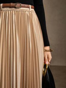 MOTF PREMIUM SOLID PLEATED BUCKLE BELTED SKIRT - Khaki - View 6