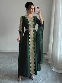 Rafferiza Áo choàng Abaya chắp vá tay dài cho nữ, váy Kaftan viền ren màu trơn - màu xanh lá - Xem 3