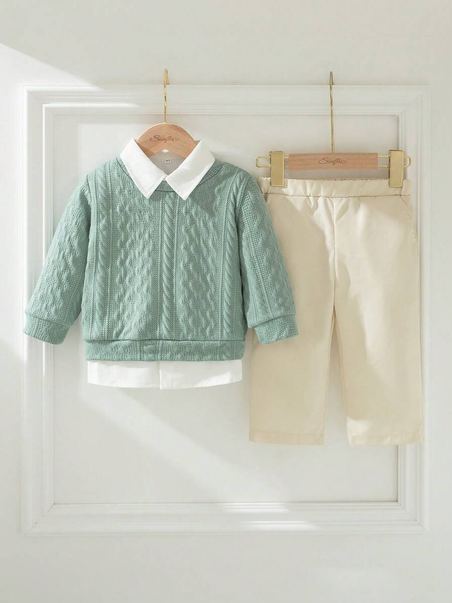 Souflis Souflis 复古法式橄榄绿领长袖绞花上衣搭配米色裤子，适合上学、外出和各种场合，适合幼儿男孩的绅士装 - 彩色 - 查看 1