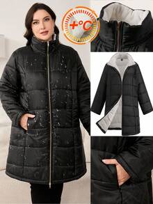 Ellevyn 女士加大码羽绒服，黑色条纹，带口袋，金属拉链，适合秋冬季节穿着。 - 黑色 - 查看 2