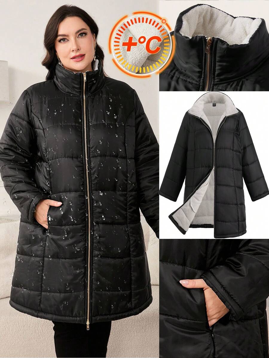 Ellevyn 女士加大码羽绒服，黑色条纹，带口袋，金属拉链，适合秋冬季节穿着。