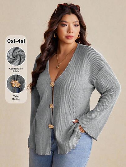 Elaquor Plus Size Solid Color Casual Deep V-Neck Front Button Long Sleeve Jacket/Winter