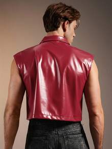 FeverCity 男士时尚朋克 PU 皮革拉链领无袖背心 - 紅色 - 查看 2