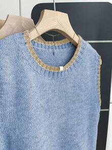 Franclia Casual Loose Crew Neck Sleeveless Knit Contrast Trim Khaki Sweater Top For Women, Spring/Autumn - Blue and White - View 4
